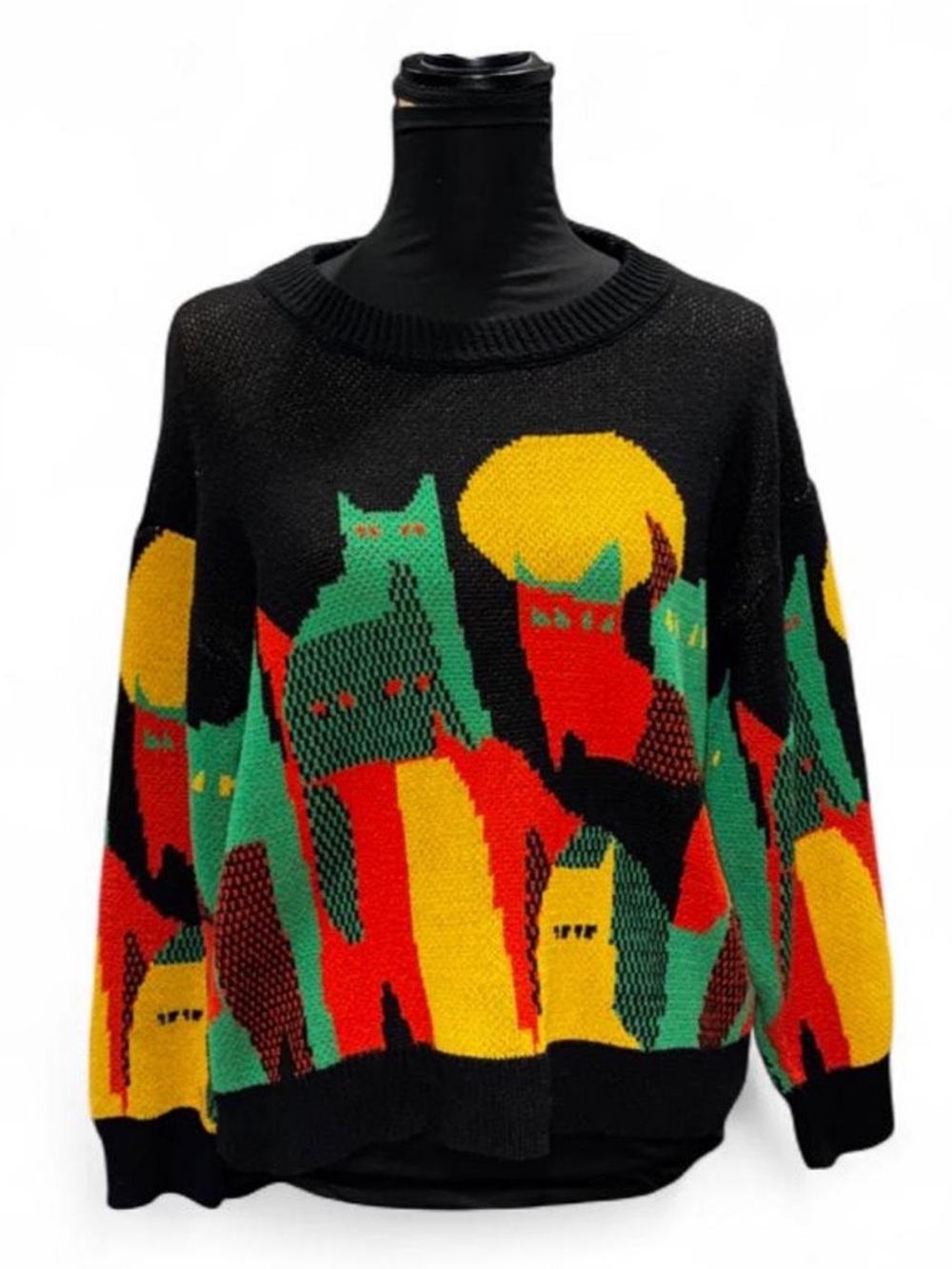 Black Crewneck Sweater with Colorful Cat Graphic